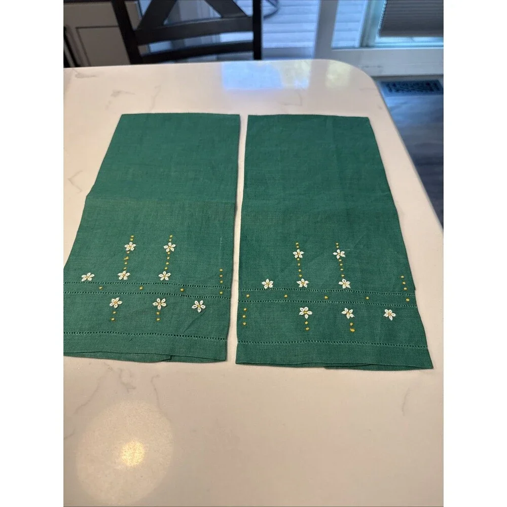 Vintage Hand Embroidered Tea Kitchen Towels Set Of 2 Florals Linen